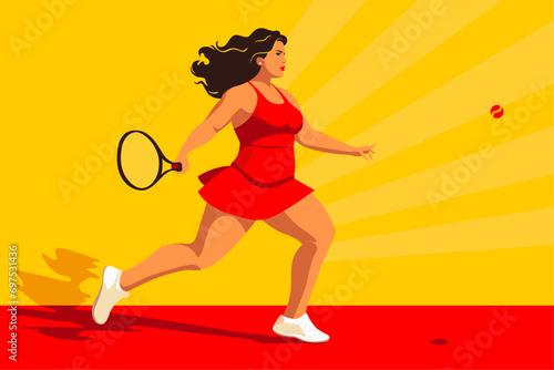 Minimal vector illustration of a woman playing tennis in a red dress in front of a yellow background.