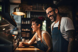 Couple barista happy greeting in cafe coffee shop small business concept