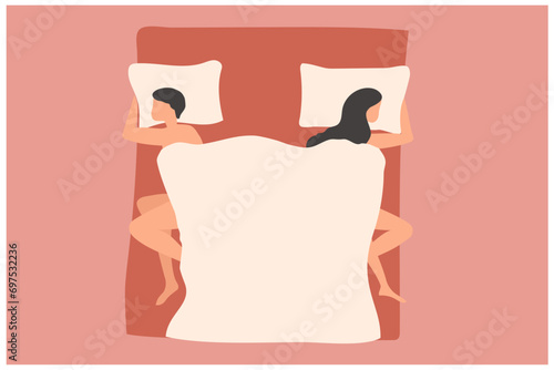 Young couple sleeping and turned back each other. Intimate, married or sexual problems vector illustration 