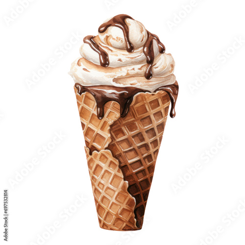 vanilla chocolate  hips ice creame cone watercolor illustration isolated on white or transparent background