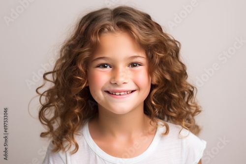 Caucasian smiling girl studio portrait, simple background. AI generative