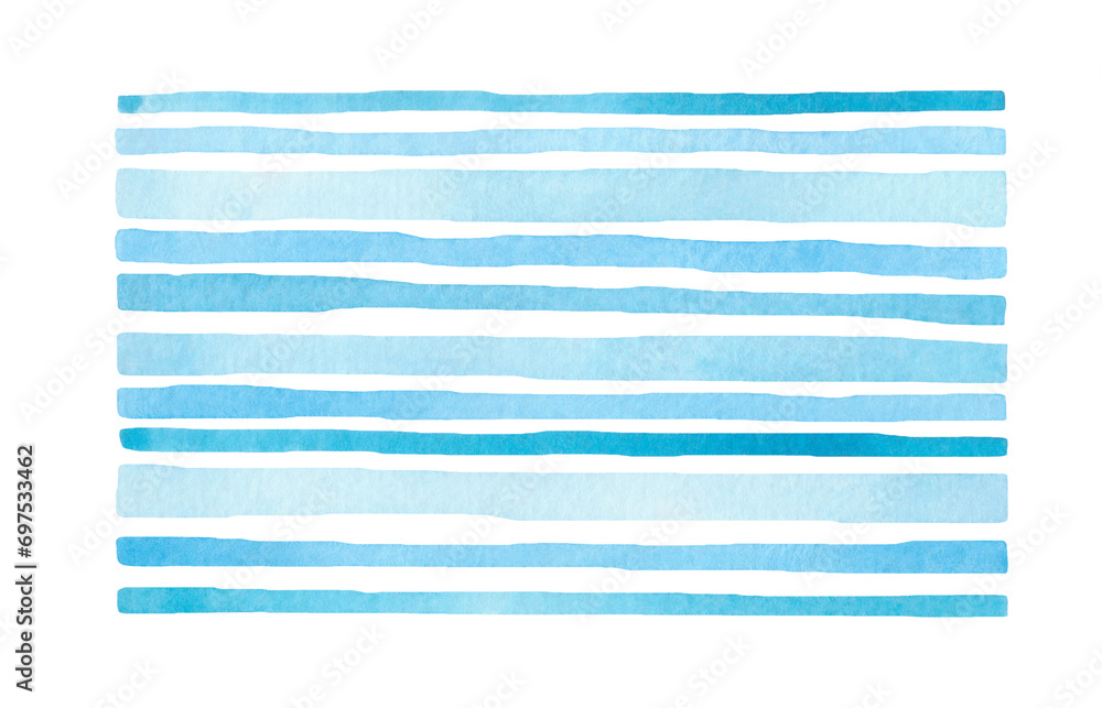Striped abstract watercolor background in pastel blue shades is hand-drawn. A decorative element for design and decoration. Curved horizontal stripes, isolated lines on a white background.