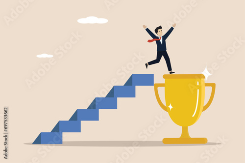 Business achievement, target success or career growth concept, confident ambitious businessman getting big trophy.