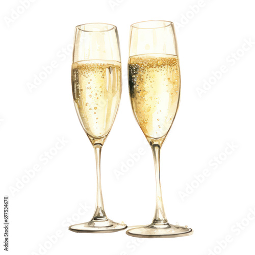 glasses of champagne watercolor illustration isolated on white or transparent background