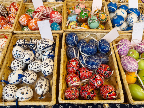 Easter decorative eggs at the festive city fair in close-up