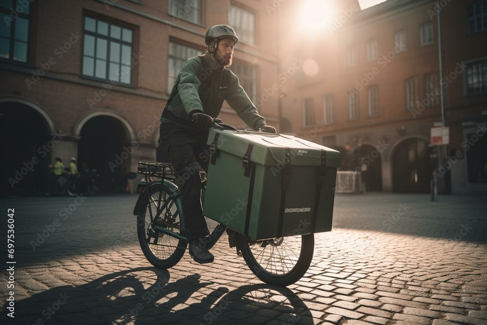 Eco-friendly courier on a green cargo bike delivering packages. Generative AI - obrazy, fototapety, plakaty 