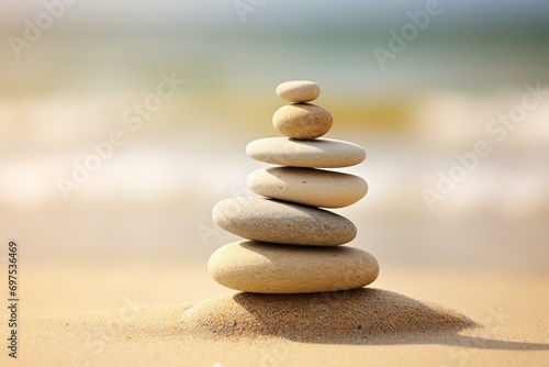 Zen-inspired stones balanced on sand background representing the art of harmony. Generative AI