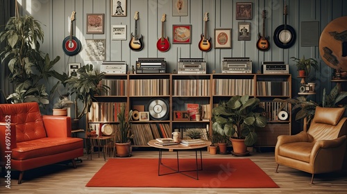 Musical instrument shop with music records and waiting room