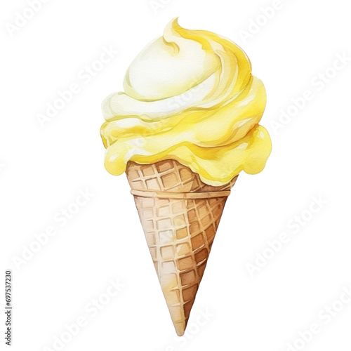 lemon ice cream cone watercolor illustration isolated on white or transparent background