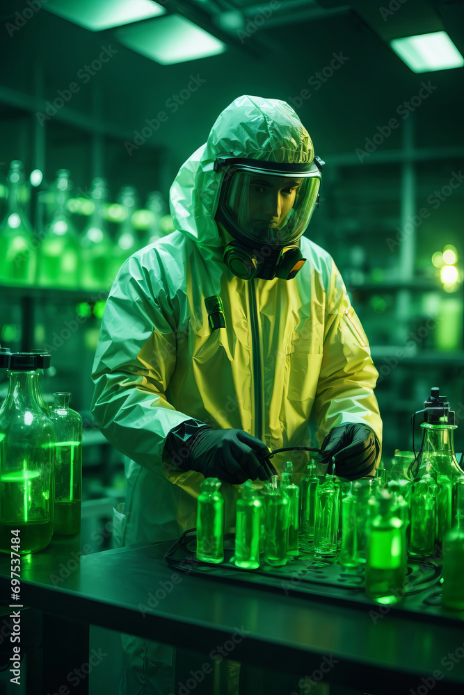 Closeup of a male scientist wearing a protective suit conducting research, experience in a chemical laboratory with green light from the lamps. Evolution, science, pandemic, medicine, health concepts. Closeup of a male scientist wearing a protective suit conducting research, experience in a chemical laboratory with green light from the lamps. Evolution, science, pandemic, medicine, health concepts.