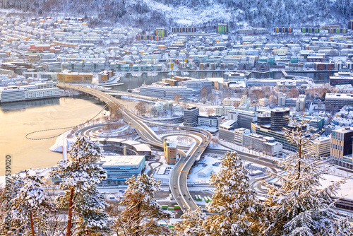 Aerial view of Bergen from mount Floyen in winter, Norway