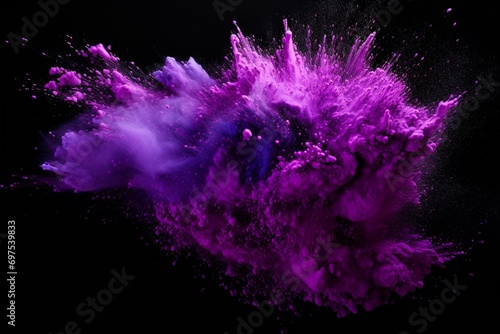 Vibrant purple powder burst on black background. Generative AI