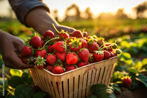 Hands holding a container with strawberries against the background of a green plantation. Generated by artificial intelligence