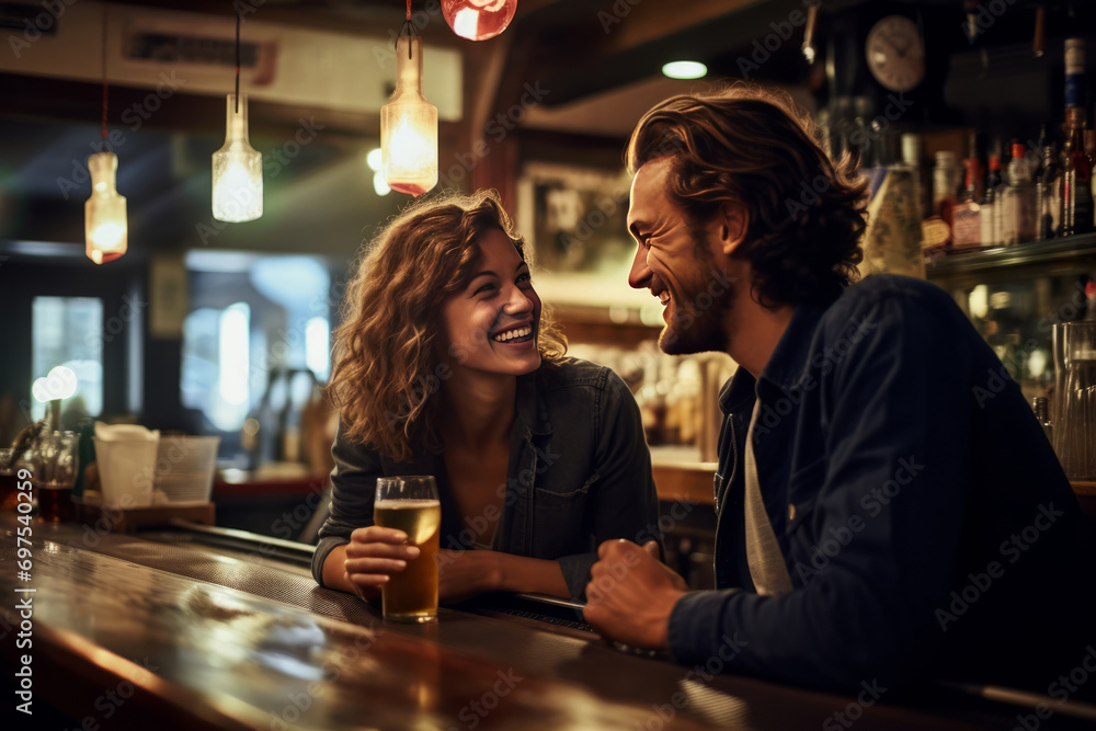 Date in a bar. Young man and woman in a evening pub. AI generati - obrazy, fototapety, plakaty 