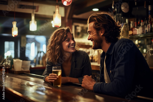 Date in a bar. Young man and woman in a evening pub. AI generati photo