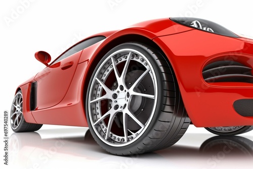 Red sports car with exposed alloy wheel (with construction grid) - isolated. Generative AI