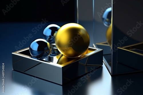 Abstract metallic geometrical forms with blue ball in yellow cube. Generative AI