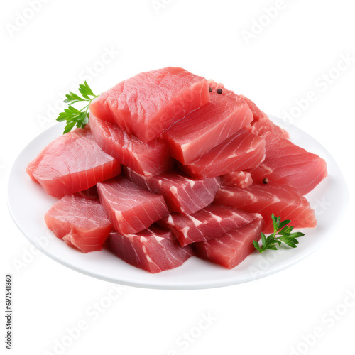plate of raw tuna meat fillet isolated on white or transparent background