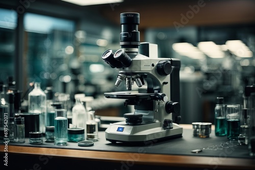 Close-up of a modern medical laboratory with a microscope and test tubes with biochemical substances on the table. Science, biotechnology, microbiology, high-tech industries concept.