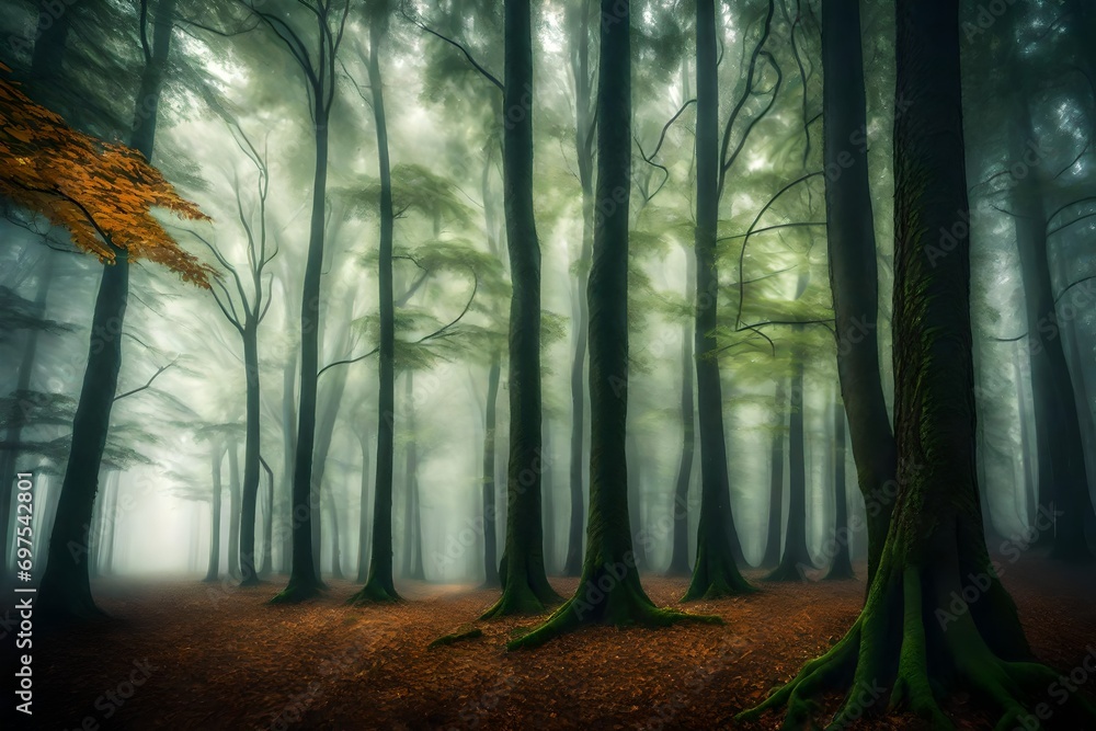 a fog-covered forest with towering trees, creating a mystical and enchanting atmosphere where the beauty in the soft, diffused light. a fog-covered forest with towering trees, creating a mystical and enchanting atmosphere where the beauty in the soft, diffused light.