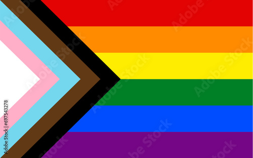 Progress Pride Flag, six stripe rainbow design (red, orange, yellow, green, blue, violet), variation adds a chevron along the hoist that features black, brown, light blue, pink, white stripes, LGBTQ+