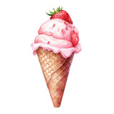 strawberry ice cream cone watercolor illustration 