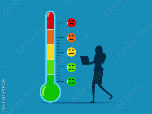 Customer satisfaction. Businesswoman with thermometer measuring different levels of mood. vector