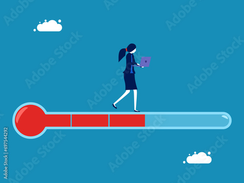 Work progress level. Businesswoman on thermometer measuring progress