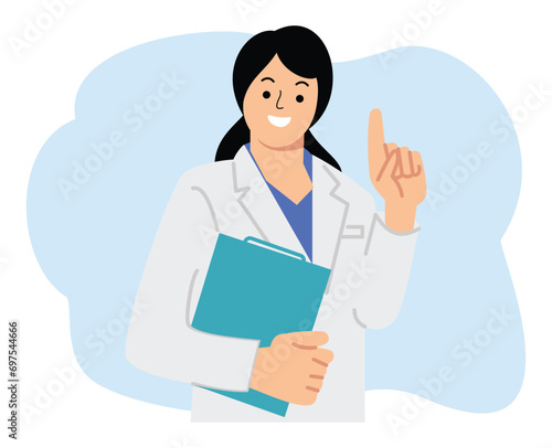 woman doctor holding clipboard and showing pointing finger up