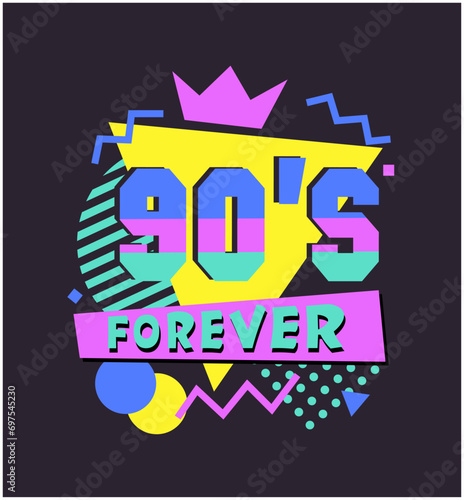 Colorful 90s logo vector flat illustration in pop art style. The 90s forever. Ninety years emblem numeral retro symbol isolated on a black background. Aesthetic background of fashion and graphics