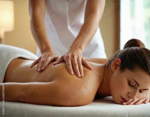 Woman lying on a massage table receiving a relaxing back massage, with the hands of the masseuse visible.