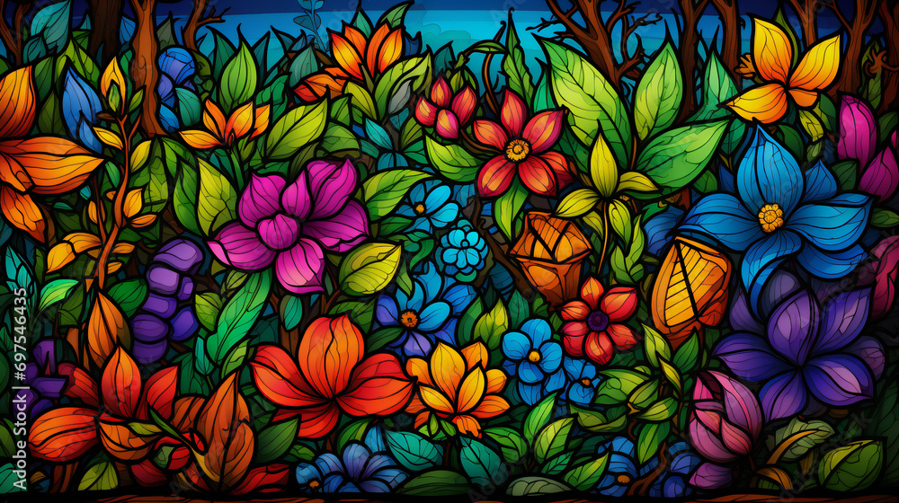 Stained Glass Flower Mosaic: An Abstract Nature-Inspired Design for a Colorful Vintage Background Stained Glass Flower Mosaic: An Abstract Nature-Inspired Design for a Colorful Vintage Background