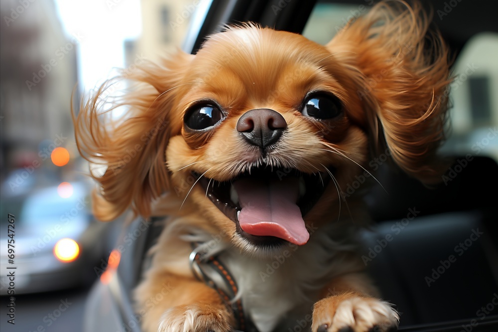 Joyful dog enjoying car ride, head out window, feeling wind on face, wagging tail - obrazy, fototapety, plakaty 