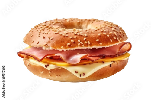 Ham cheese bagel isolated on transparent background.