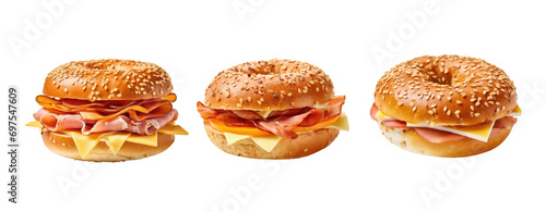 Set of ham cheese bagel isolated on transparent background.