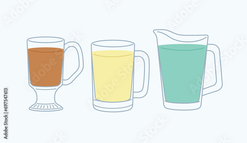 Set of big glassware, stein, mug, pitcher, jug. Different kinds of drinks in glasses. Flat style vector illustration