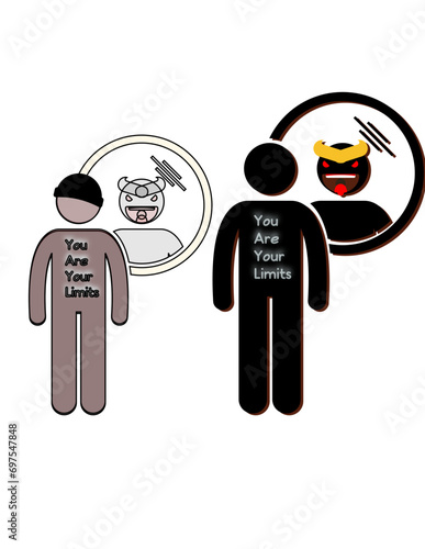 man starring at the mirror seeing a devil version of himself with a text saying, you-are-your-limit 