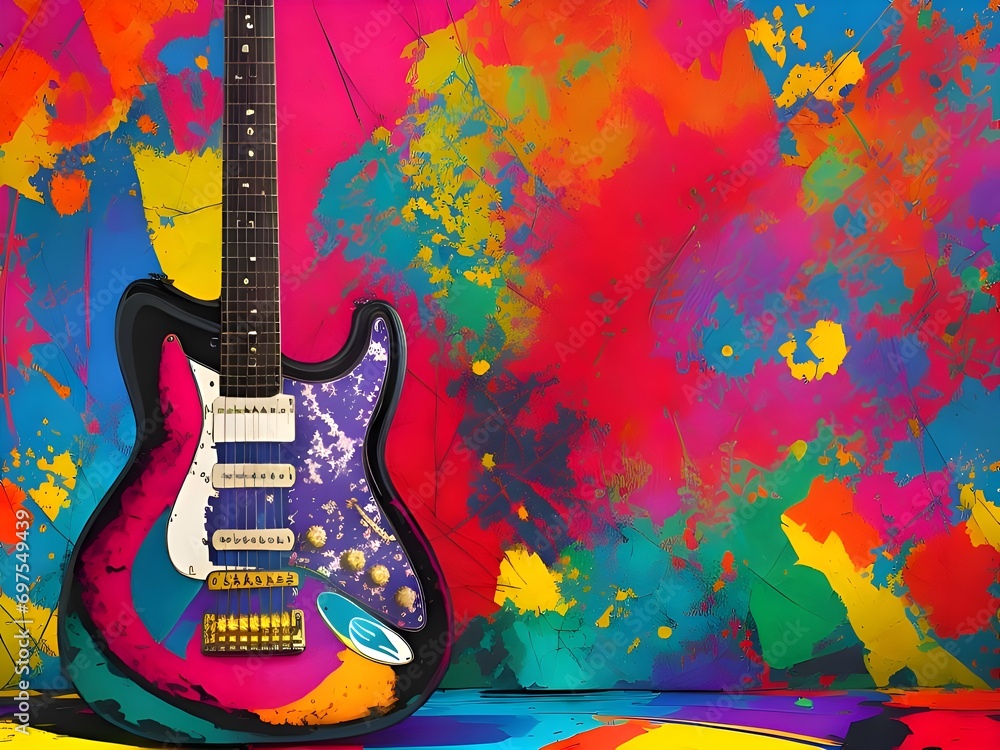 A colorful guitar abstract background with copy space. National Guitar Day.  Music brings happiness