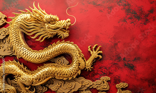 golden dragon on red wall for Happy Chineese New Year 2024 background photo