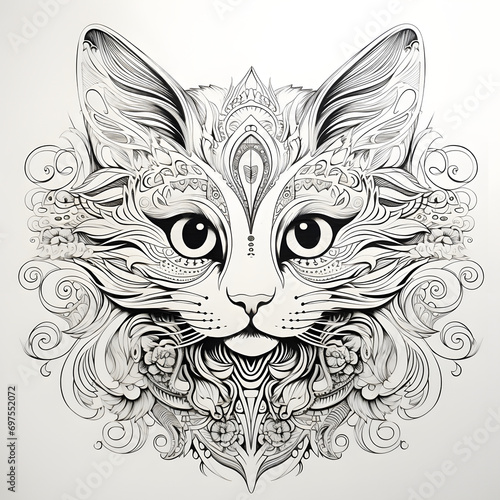 Cat with big eye mandala style for colouring design or tatto black and white colors.