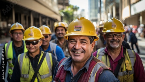 Engaging Construction Team in City. Friendly construction team grouped together, urban backdrop. © AI Visual Vault