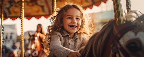 Happy smiling kid is enjoying ride a horse on carousel.