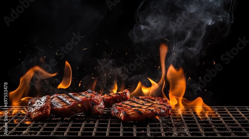 Raw beef steak on the grill , Grilled beef brisket on the grill spread.Barbecue and grill, delicious food.