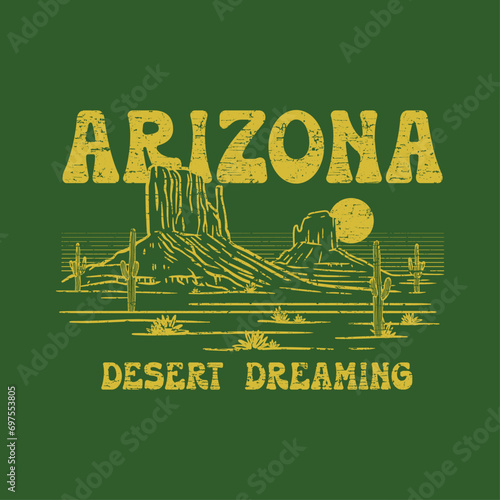 HAND DRAWN ARIZONA DESERT DREAM LANDSCAPE CACTUS AMERICA TRAVEL DESTINATION SUMMER VACATION VINTAGE TSHIRT TEE PRINT FOR APPAREL MERCHANDISE