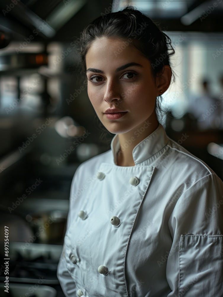 Fototapeta premium Female Chef contemporary kitchen adorned with sleek appliances and a minimalist design, a smart and skilled female chef stands confidently amidst the culinary tools of her trade