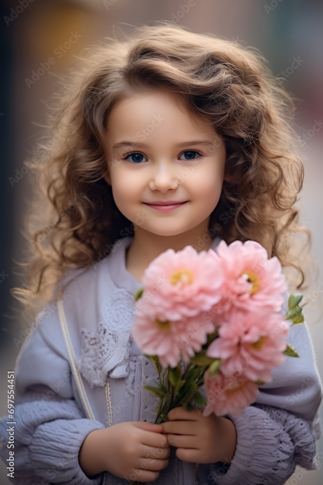 Happy Little Girl Holding Flower on Blur Background. International Flower Day, Cute Girl Happy Little Girl Holding Flower on Blur Background. International Flower Day, Cute Girl