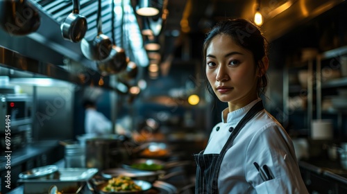 Female Chef contemporary kitchen adorned with sleek appliances and a minimalist design, a smart and skilled female chef stands confidently amidst the culinary tools of her trade