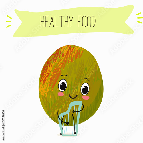 Cute mango cartoon characters with different activities. Flat vector illustration, funny fruits. Organic food.