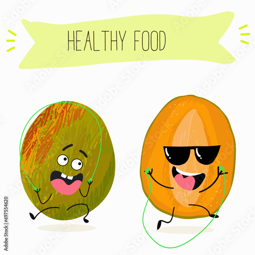 Cute mango cartoon characters with different activities. Flat vector illustration, funny fruits. Organic food.