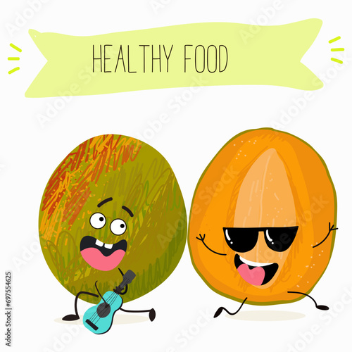 Cute mango cartoon characters with different activities. Flat vector illustration, funny fruits. Organic food.